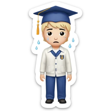 Create an emoji of a student with white skin tone crying. He is wearing a university uniform, including a shirt and pants and hat. The man is visibly upset, with tears streaming down his face. The background should be simple to emphasize his emotional state, conveying the feeling of being overwhelmed with school stress or personal struggles sticker