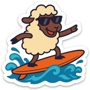 Add cool sunglasses to the sheep while keeping the surfboard and vibrant cartoon style the same. Remove the background. sticker