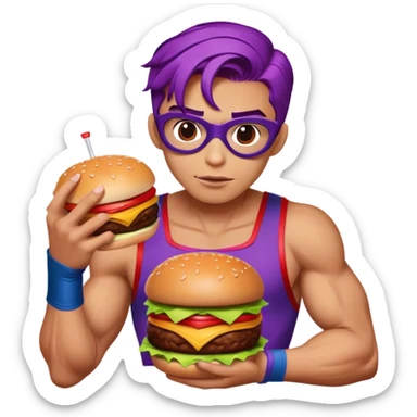 spider man eating burger with soft drink puple hair Superman dress sticker