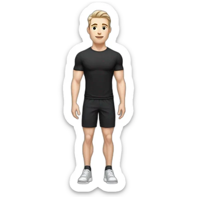 Pale skinned Fit Man With the biceps and dark brown hair in black shirt, gray sports shorts and white Sneakers sticker