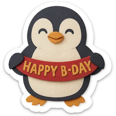 smiling penguin holding 'Happy B-Day' banner, paper-craft style sticker