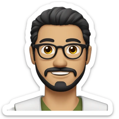 Arabic man, very short black hair, round hipster glasses, dark beard and mustache, round-ish face, brown eyes, beautiful smile, samurai sticker
