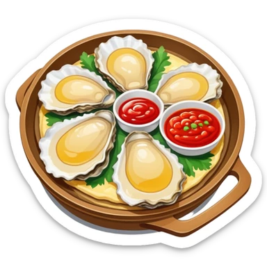 Fujian oyster omelette with red sauce, simplified emoji style with bold outlines and bright colors, cartoon style Xiamen street food sticker