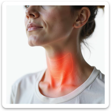 woman with hypothyroidism, thyroid highlighted in red on the neck, puffy face and dry skin, focus on thyroid area, hyperrealistic details, 4K, white background sticker
