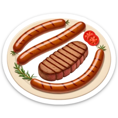 Meat dishes avatar in clean emoji-style illustration. Steak, roasted meat, and sausages, rich brown and red tones, simple shapes, flat design, hearty and appetizing. sticker