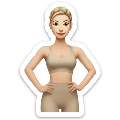 Pale skinned fit women in a beige tight yoga suit and wristbands with brown hair in a bun doing yoga sticker