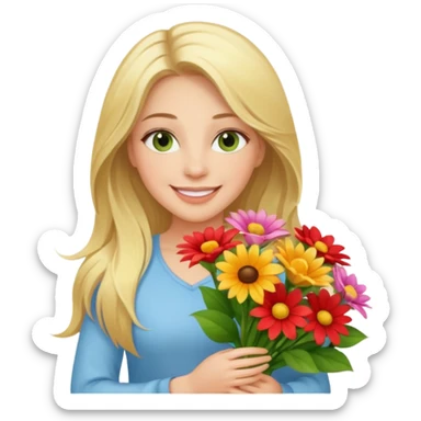 Long blonde haired smiling woman with hazel geen eyes holding a big bouquet of beautiful bright flowers  sticker