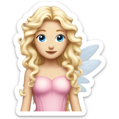 Fairy, a blonde hair with blue eyes and a pink dress with sparkly wings. White wings. The fairy has long, curly hair with a lot of volume sticker