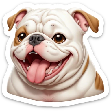 Cinematic Cute Yawning White English Bulldog Portrait Emoji, Head tilted slightly with a dramatic, wide-open yawn, showcasing a smooth, pristine white coat, floppy ears slightly drooping, round brown eyes barely open in drowsy contentment, Simplified yet irresistibly adorable features, highly detailed, glowing with a soft, cozy glow, high shine, relaxed yet expressive, stylized with a touch of whimsy, bright and endearing, soft glowing outline, capturing the essence of a sleepy yet affectionate guardian, so drowsy it feels like it could stretch out of the screen and curl up for a nap! sticker