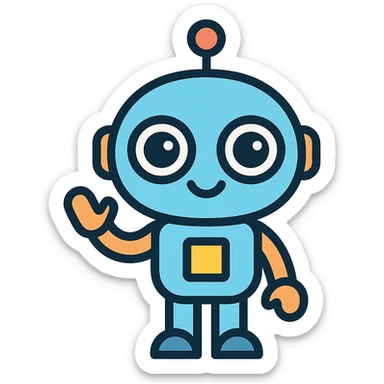 A cute, cartoonish, and friendly robot with a round head, big expressive eyes, and a small body, giving off a welcoming and helpful vibe sticker
