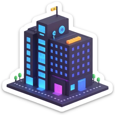 bank emoji styled as a virtual building, transparent walls, circuit patterns, holographic effect sticker