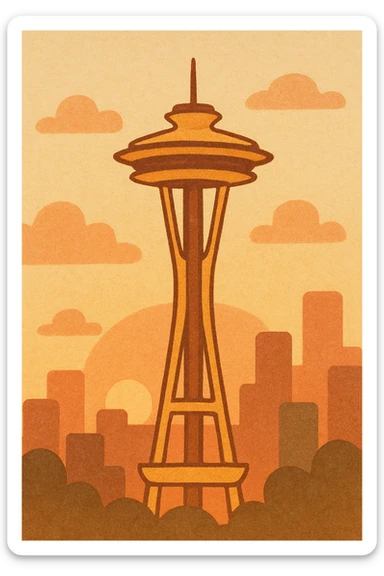 Space Needle with sunrise sky, orange and pink hues, city silhouette sticker