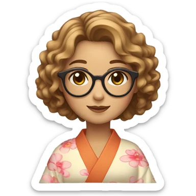 create an emoji of a girl with wavy hair, down to her shoulders, in light brown, with glasses, smiling and in a kimono sticker