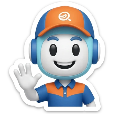friendly logistics mascot waving hello to customer, inspired by ACPL Cargo company, cute chatbot emoji, blue and orange brand colors sticker