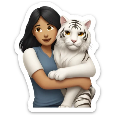 White woman with black hair hugging a Himalayan tiger cat sticker