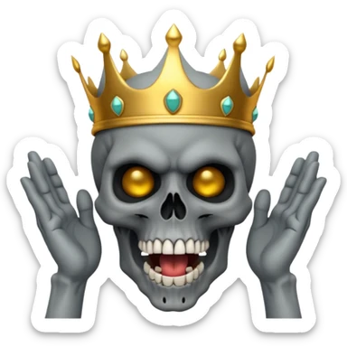 Demonic 3D skull holding its head by its two hand in shock, mouth open, wearing a golden crown, dark horror vibe sticker