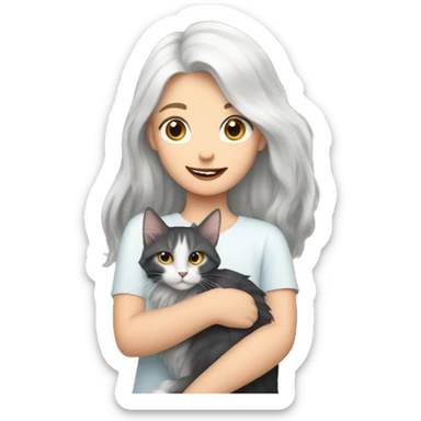 A girl with white hair holds a Maine coon cat in her arms sticker