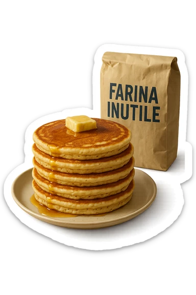 UN PIATTO CON TORRETTA DI PANCAKE E UN PACCO DI FARINA DIETRO CON LA SCRITTA "FARINA INUTILE" SUL PACCO,  iperrealistico 4k sticker