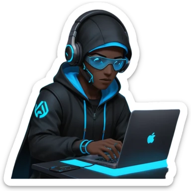 developer behind his laptop with this style : crysis Cyberpunk Valorant neon glowing bright blue character blue black hooded assassin themed character sticker