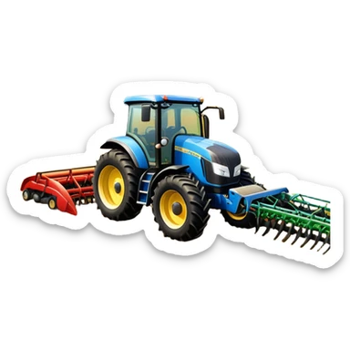 An icon representing a farming simulator, with a detailed tractor plowing fields under a bright sky with rural landscape. The design includes farming tools, crops and barns, symbolizing the immersive experience of managing a farm. Transparent background. sticker