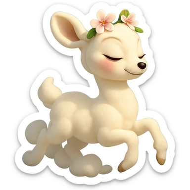 elegant feminine vanilla cloud doe with rosy cheeks and cherry flowers on its head, floating gracefully, Pixar art style, subtle tasteful confident, no explicit or revealing features sticker