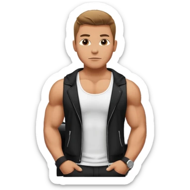 muscular man emoji wearing a white tank top and black jacket with a black car behind sticker