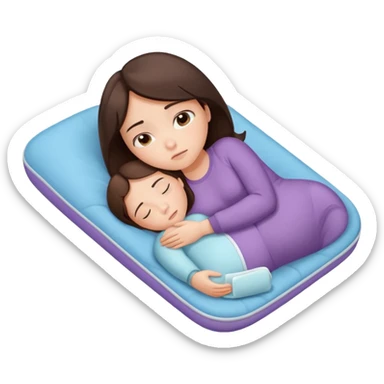  a brunette girl lying down on her side, holding a warm heating pad against her lower belly. She's uncomfortable and sad, her posture should show she’s having bellyache. Use simple lines, rounded shapes, soft colors, and a clean emoji aesthetic. Make it expressive but still adorable sticker