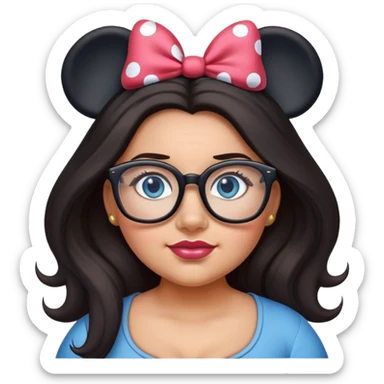 Thick Woman Blue eyes glasses Long dark hair Minnie mouse ears sticker