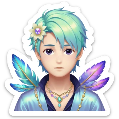 Beautiful gorgeous anime guy with beautiful iridescent-special-hair, fashion aesthetic, ethereal, fairycore, pastelcore, feather, flower, gems, accessories, jewelries, gold, colorful sticker