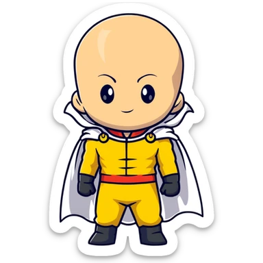 super cute chibi Saitama from One Punch Man with bald head, yellow jumpsuit, white cape and innocent face sticker