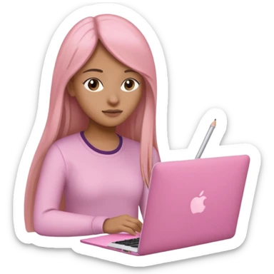 Mujer lacia peli larga y peli larga  en una MacBook rosa investigando y haciendo tareas con un libro de apuntes y con cara muy linda como modelo sticker