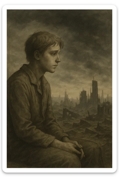 A person sitting peacefully, gazing at a distant apocalyptic landscape, with a calm expression and a subtle hint of sadness in their eyes, muted colors, gentle lighting, end-of-the-world theme. sticker