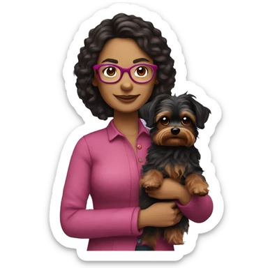 40 years old woman with dark brown long hair ,slidly curly wearing glasses with a dark pink frames  holding a yorkie dog sticker