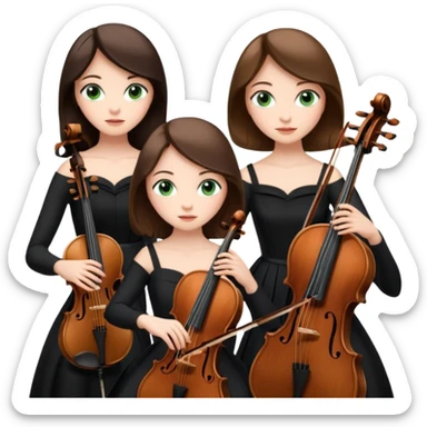 Create an imagine of three brunette women playing string instruments in black dresses, the first is playing a cello with blue eyes, the second is playing a viola with hazel eyes and the third is playing the violin with green eyes sticker
