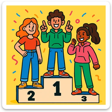 Three people standing on a winners’ podium labeled 2, 1, 3 from left to right. Each person stands on their numbered step. All are dressed casually in fun clothes like jeans, t-shirts, or hoodies. The center person on the number 1 podium holds up one finger on each hand, showing they’re number one. Cheerful, expressive style. sticker