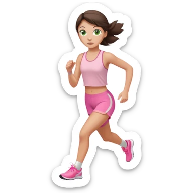 a white brunette girl with green eyes and freckles going for a run in a light pink outft sticker