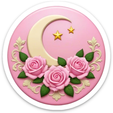 A round pink button with a cream colored damask moon and pink roses in the center sticker