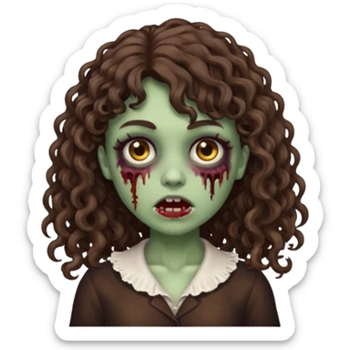 Emoji garota zombie com cabelo castanho escuro cacheado longo com franja cacheada sem volume sticker
