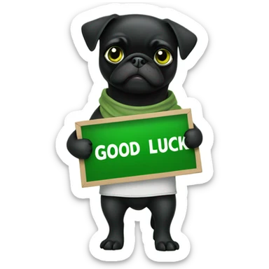 Black pug holding a green sign that says good luck  sticker