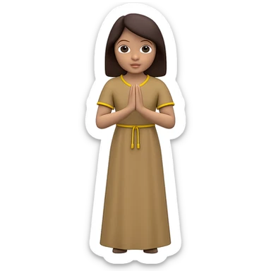 Show the woman standing and praying from the front view, wearing a long tan dress, with dark brown hair, in emoji style. Remove the background. sticker
