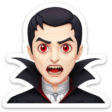 Nam 50 tuổi, mắt đỏ, da trắng, tóc ngắn màu đen,mồm mở rộng, có răng nanh, mặt hơi đáng sợ như ma cà rồng, áo măng tô cổ cao màu đen, nửa thân trên sticker