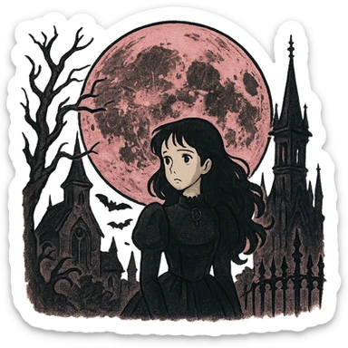 gothic moon, black and pink color scheme sticker