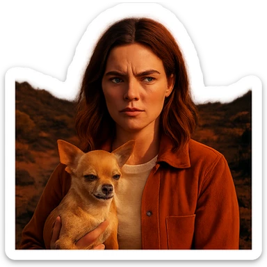 Portrait of a woman inspired by the facial features visible in the reference images, with a tanned complexion and subtle freckles. She wears a shirt in color #FFF8CA and a rust-colored jacket. Her hair is medium-length brown with auburn highlights. She has a determined and slightly angry expression, holding a beige-brown chihuahua. The style is inspired by a Netflix series, with a transparent background. The ambiance is volcanic and wild from Tenerife, evoking the spirit of an Instagram diary. sticker
