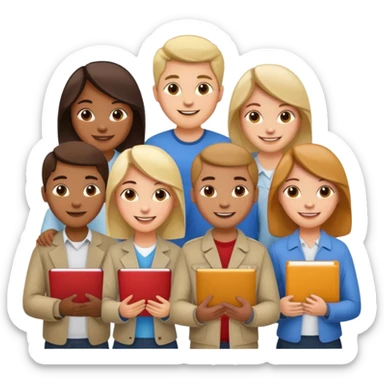 group of 5 colleagues 1 with computer, 1 with a copybook sticker