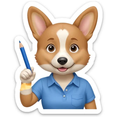 perrita caricatura gorgi gales trabajadora con camiseta celeste apuntando con un lapiz hacia el costado izquierdo sticker
