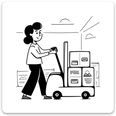 A hand-drawn warehouse worker with a forklift carrying inventory, representing a supplier sticker