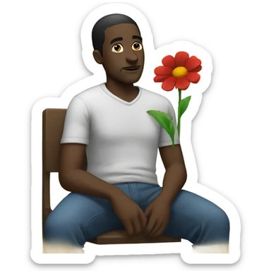 Lonely black man sitting with a flower sticker