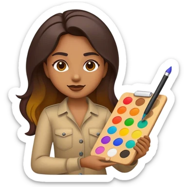 Create an emoji representing a passionate graphic designer. The emoji should feature a creative expression, possibly holding a stylus or a color palette. Include design-related elements like a glowing screen, vector tools, or artistic splashes of color. The style should be modern, vibrant, and sleek, maintaining the clarity and simplicity of standard emoji designs. Ensure it conveys creativity, focus, and artistic flair. sticker