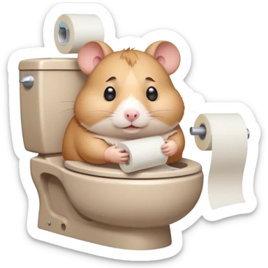 Cute chubby cartoon-style hamster sitting on toilet holding toilet paper looking as if he had an accident, sticker-style illustration sticker