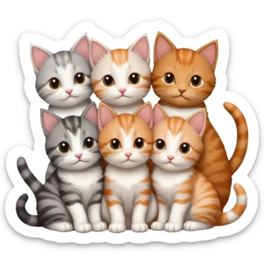 6 tiny kittens cuddling together all different colours, the first one is grey and white, the second is ginger and white and the third is brown tabby and white sticker